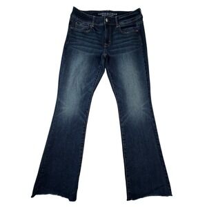 American Eagle Kick Boot Jeans Dark Wash Super Stretch Raw Hem 10 Long Womens
